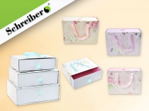 набор подарочных коробок-сумочек с текстильными ручками, 3 шт, прямоугольные, пастельные цветы, размеры от 25 до 30 см